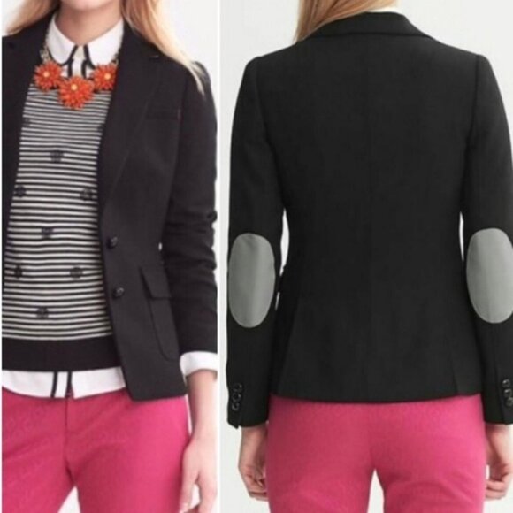 Banana Republic Black Wool H acking Jacket Blazer Sz 8 Tall Black Elbow patches - Picture 3 of 14